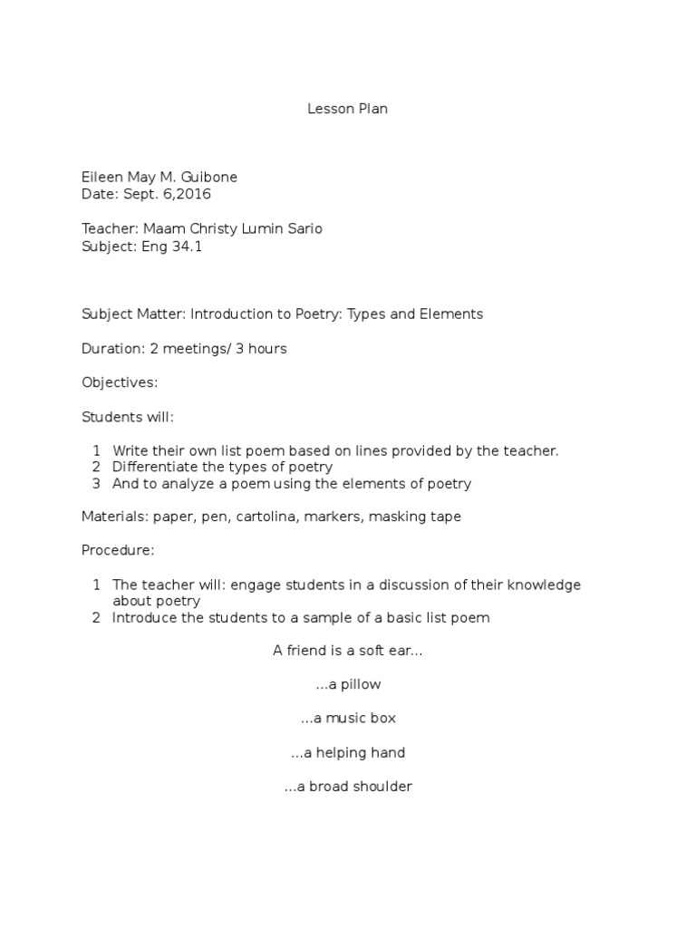 Grade 7 Poetry Lesson Plan | PDF