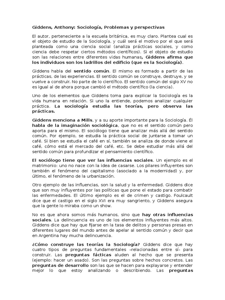 Anthony Giddens Sociologia Resumo Por Capitulos