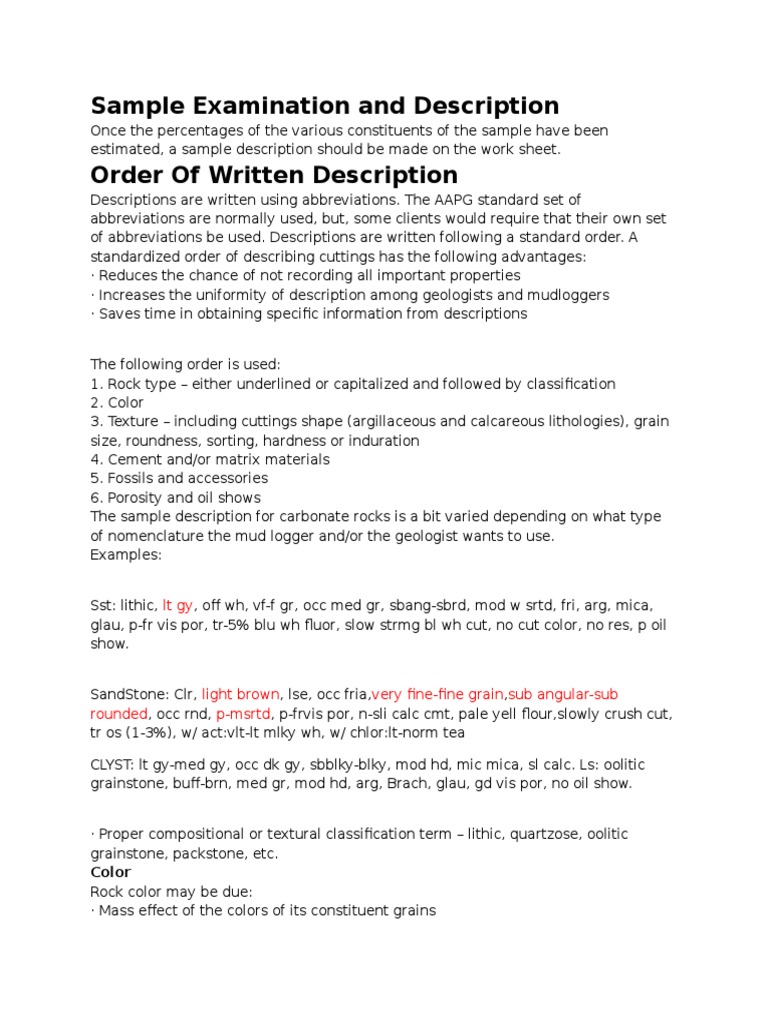 Sample Description and Analysis Guide | PDF | Porosity | Sandstone