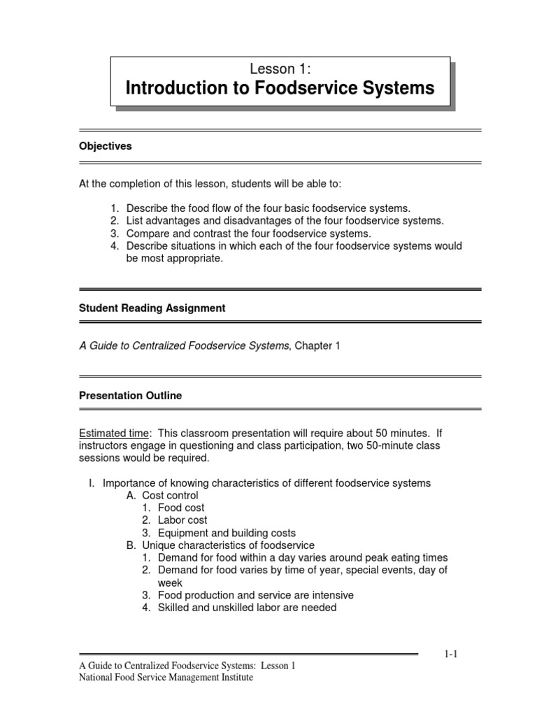 Lesson1 Introduction to Foodservice System Foodservice Restaurants
