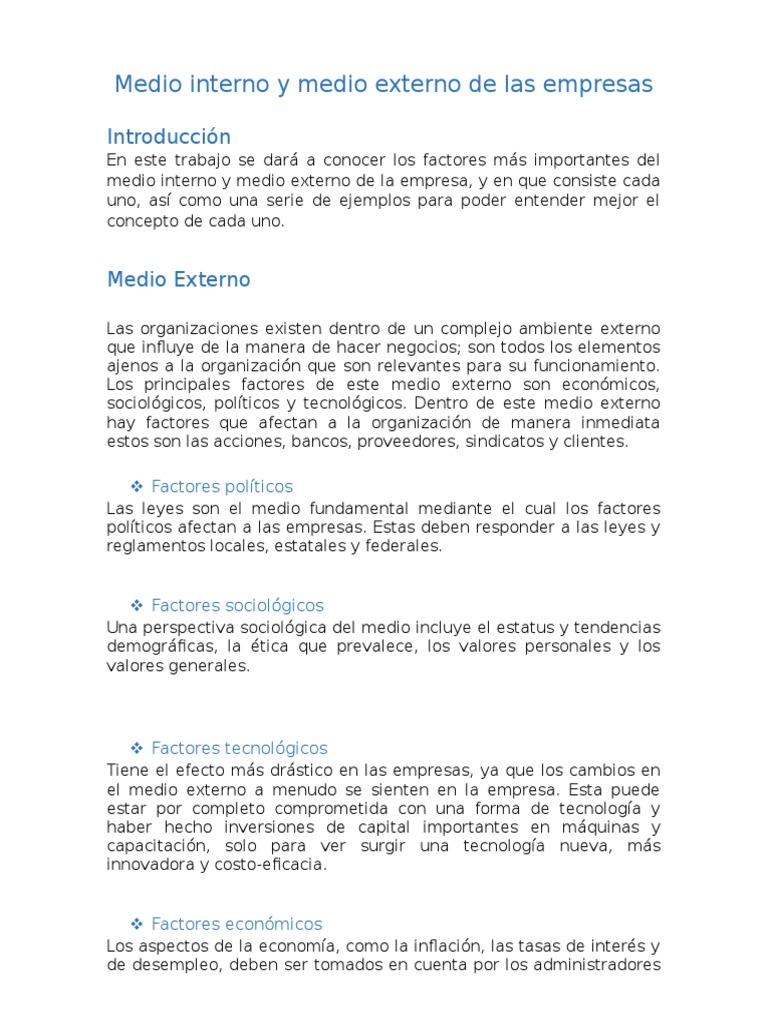 Medio interno y medio externo de las empresas Introducción