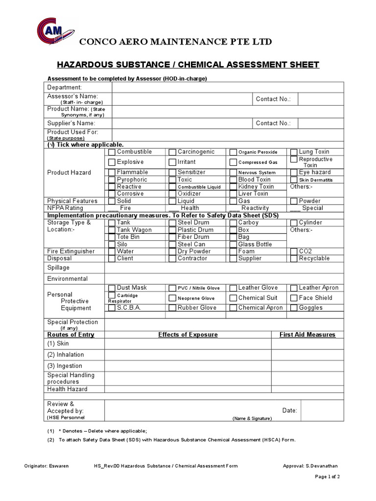 HSRev.00 Hazardous Substance Chemical Assessment Sheet PDF