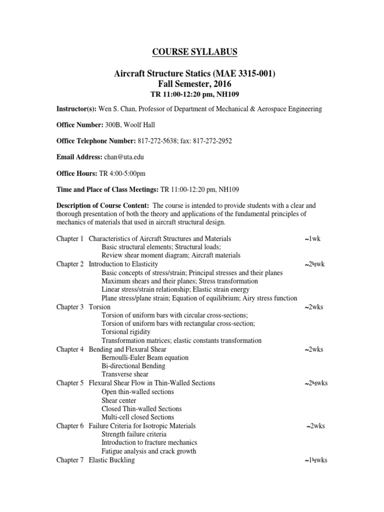Aircraft Structure Statics Syllabus | PDF | Stress (Mechanics) | Bending