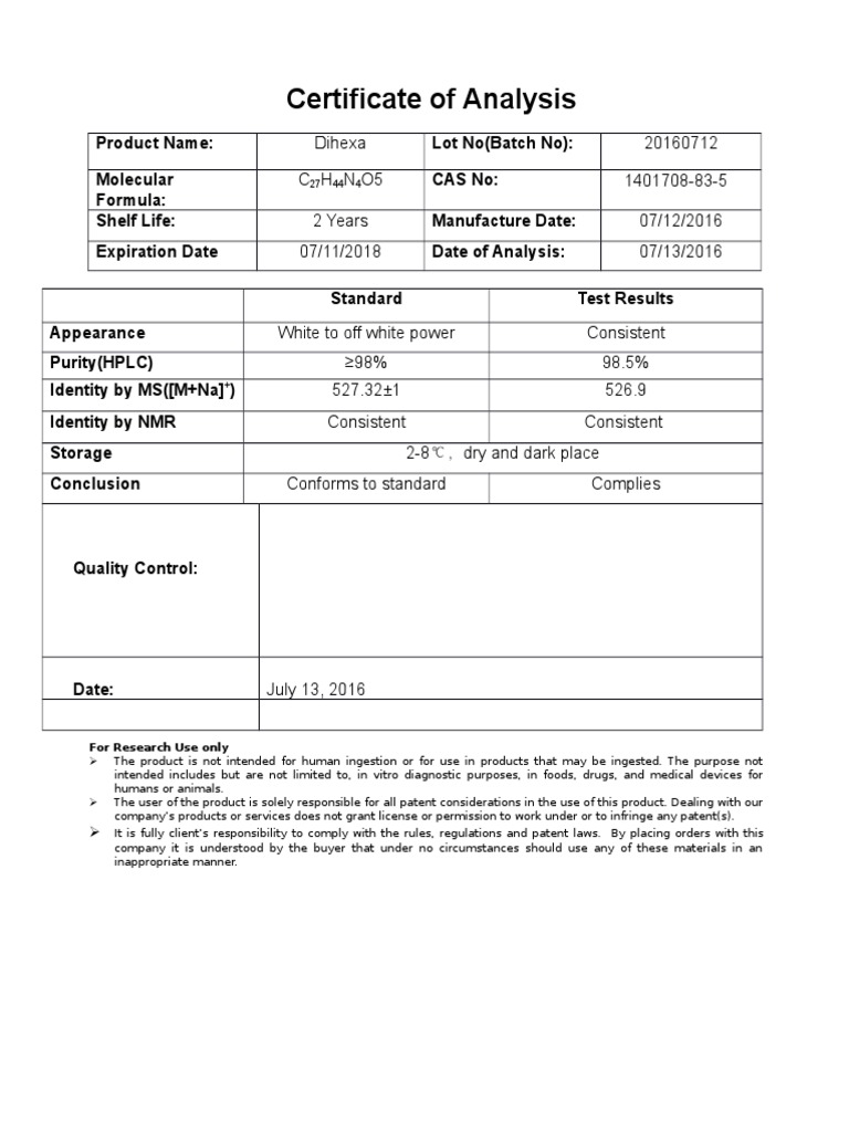 Dihexa Certificate of Analysis Report