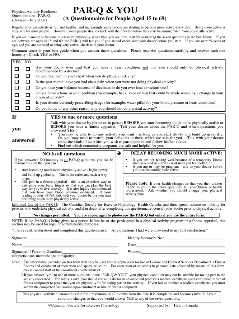 Par-Q & You: (A Questionnaire For People Aged 15 To 69) | PDF