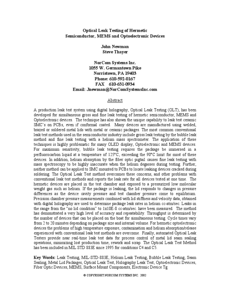 Optical Leak Testing of Hermetic Devices PDF Leak Holography