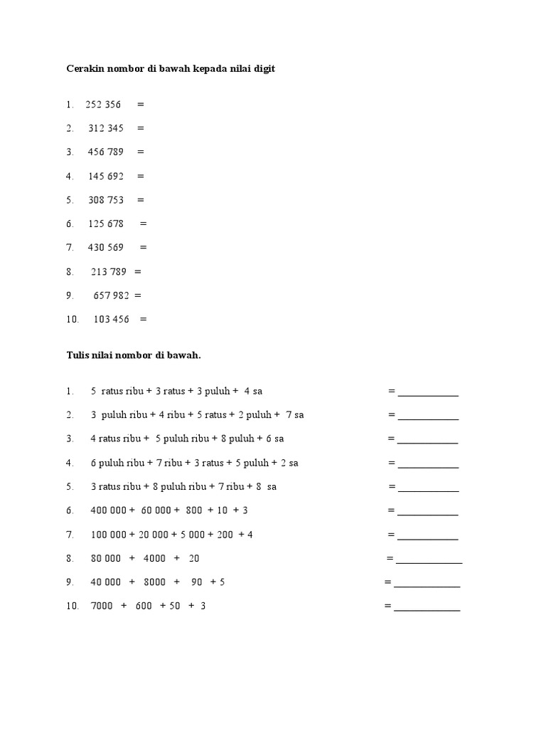 Cerakin Nombor Di Bawah Kepada Nilai Digit Pdf