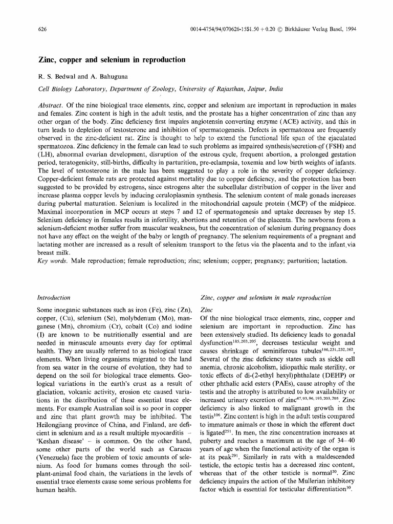 Zinc, Copper and Selenium in Reproduction PDF Testicle Testosterone