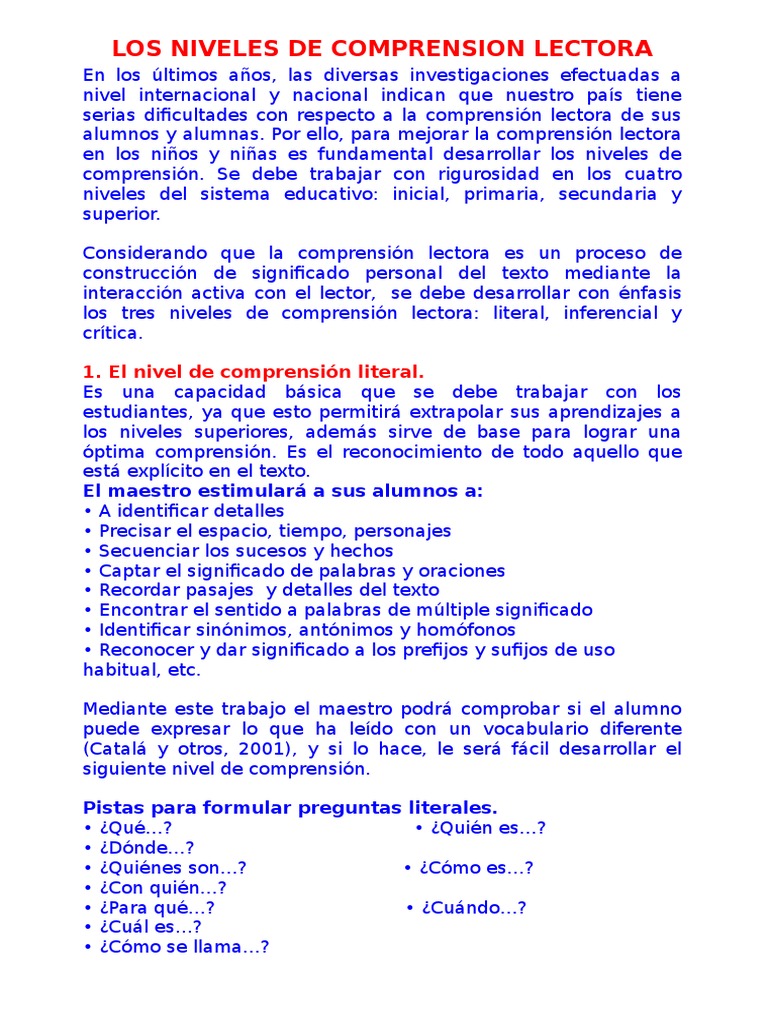 Los Niveles de Comprension Lectora | PDF | Comprensión lectora ...