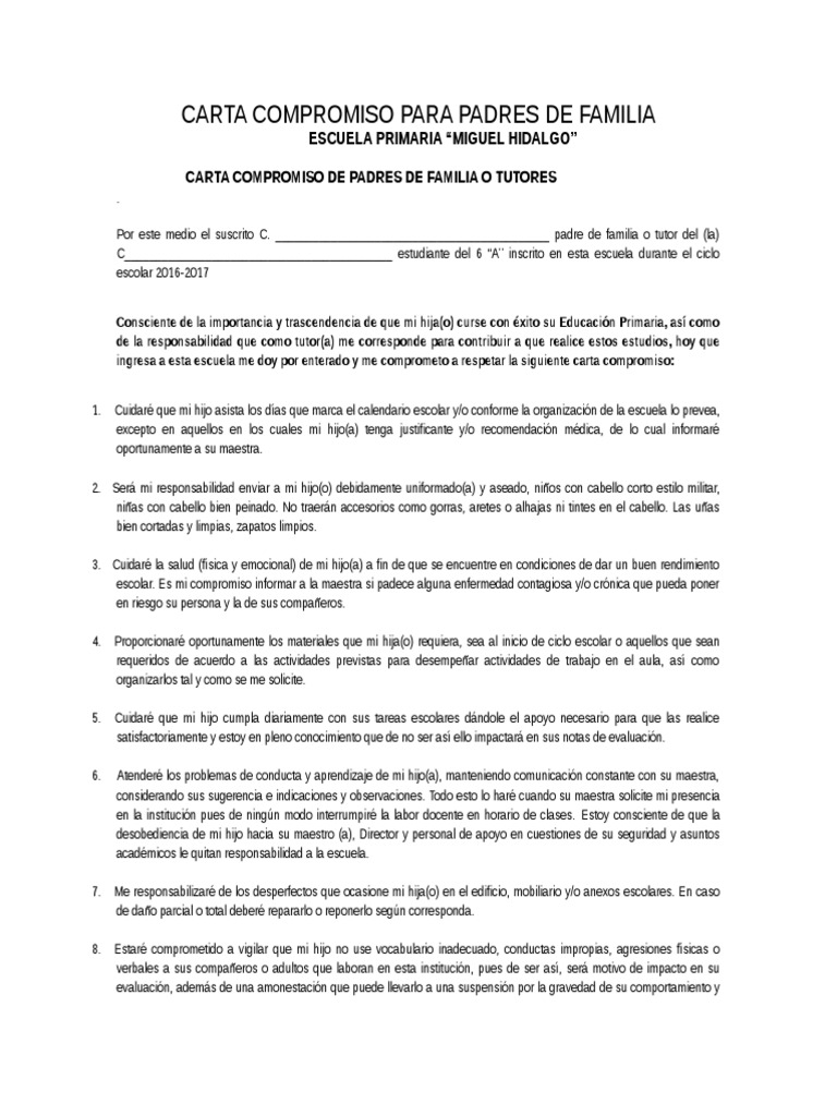 Carta Compromiso para Padres de Primaria | PDF | Comportamiento | Maestros