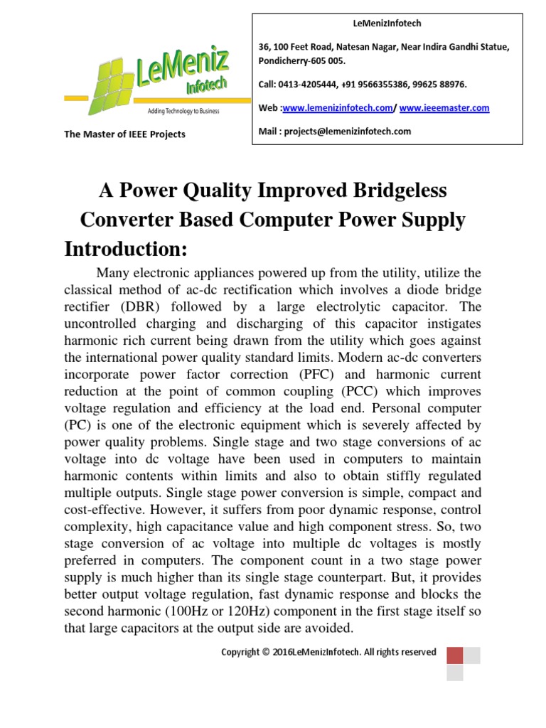A Power Quality Improved Bridgeless Converter Based Computer Power ...