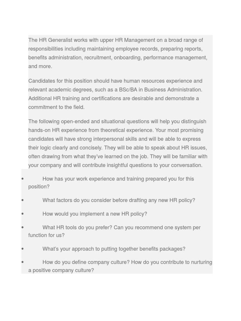 Essential HR Generalist Interview Questions | PDF | Human Resource ...