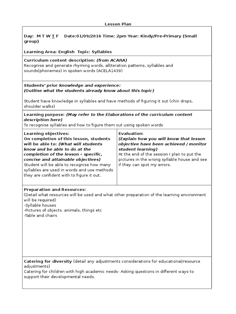Syllables Lesson Plan | PDF | Lesson Plan | Curriculum
