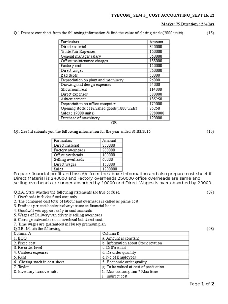 Cost Accounting Practice Problems and Concepts PDF Economics