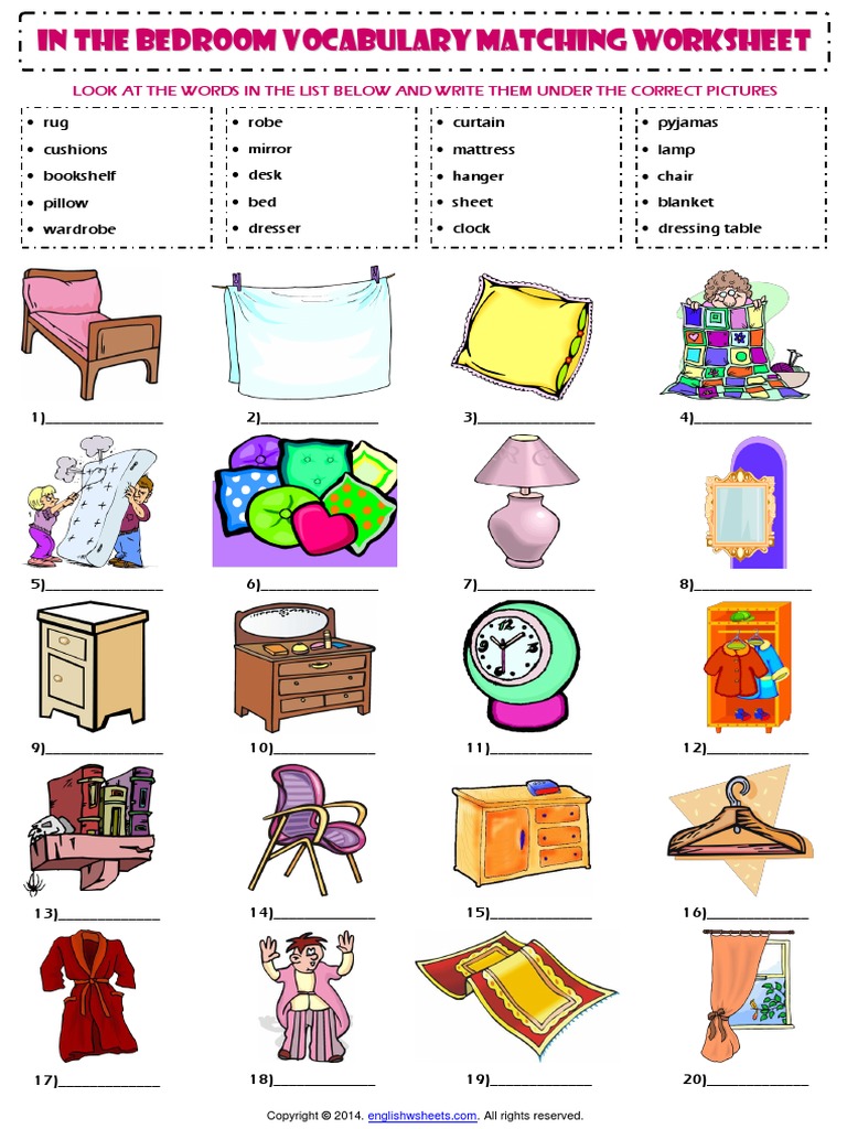 In The Bedroom Esl Vocabulary Matching Exercise Worksheet PDF