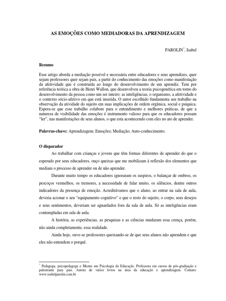 Emoções na Mediação da Aprendizagem | PDF | Emoções | Aprendizado