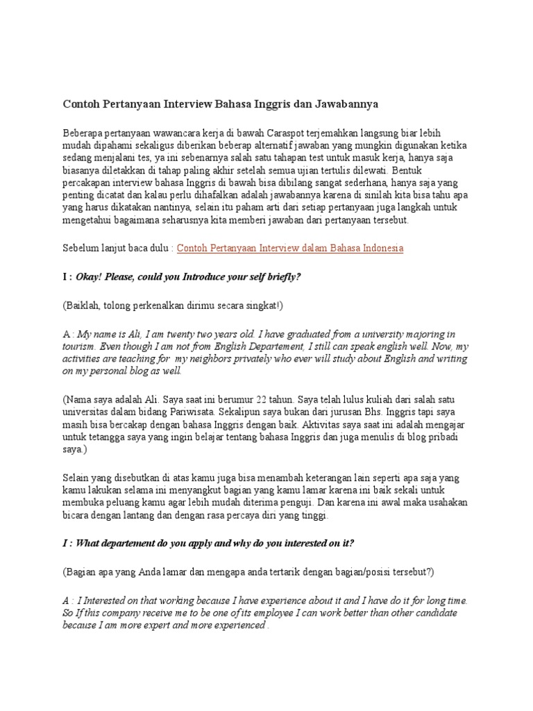 Pertanyaan Interview Bahasa Inggris Dan Jawabannya Pdf