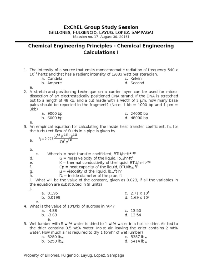 ExChEL Group Study Session 17 - ChE Calc I | PDF | Heat Transfer ...