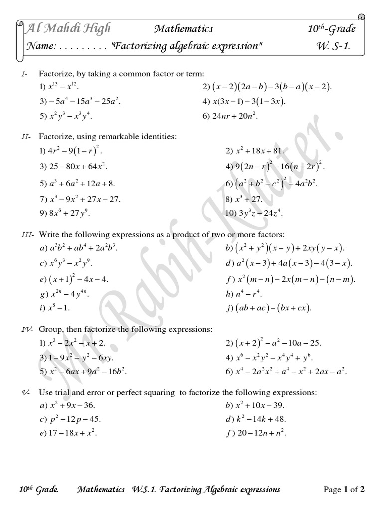 W S 1 Factorizing Algebraic Expressions