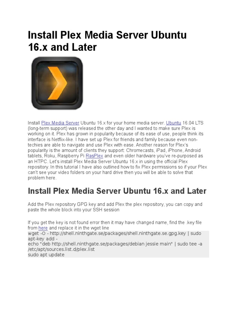 Install Plex Media Server on Ubuntu 16.x | PDF | Ubuntu (Operating ...
