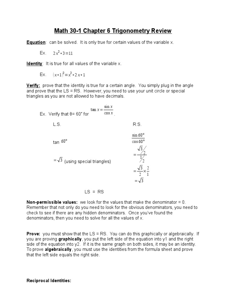 Trigonometry Review for Math 30-1 | PDF | Trigonometric Functions | Sine