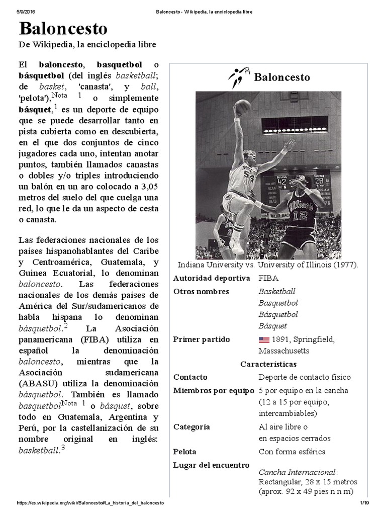 Baloncesto - Wikipedia, La Enciclopedia Libre | PDF | Posiciones de  baloncesto | Árbitro