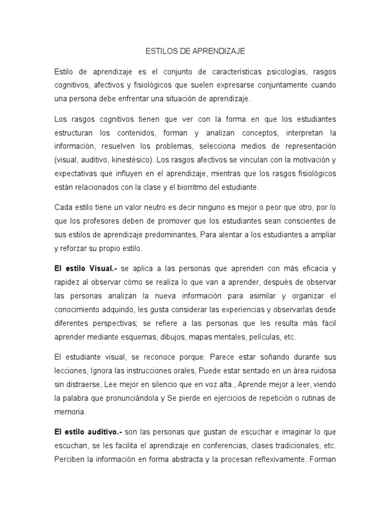 Estilos de Aprendizaje | PDF | Aprendizaje | Ciencia cognitiva