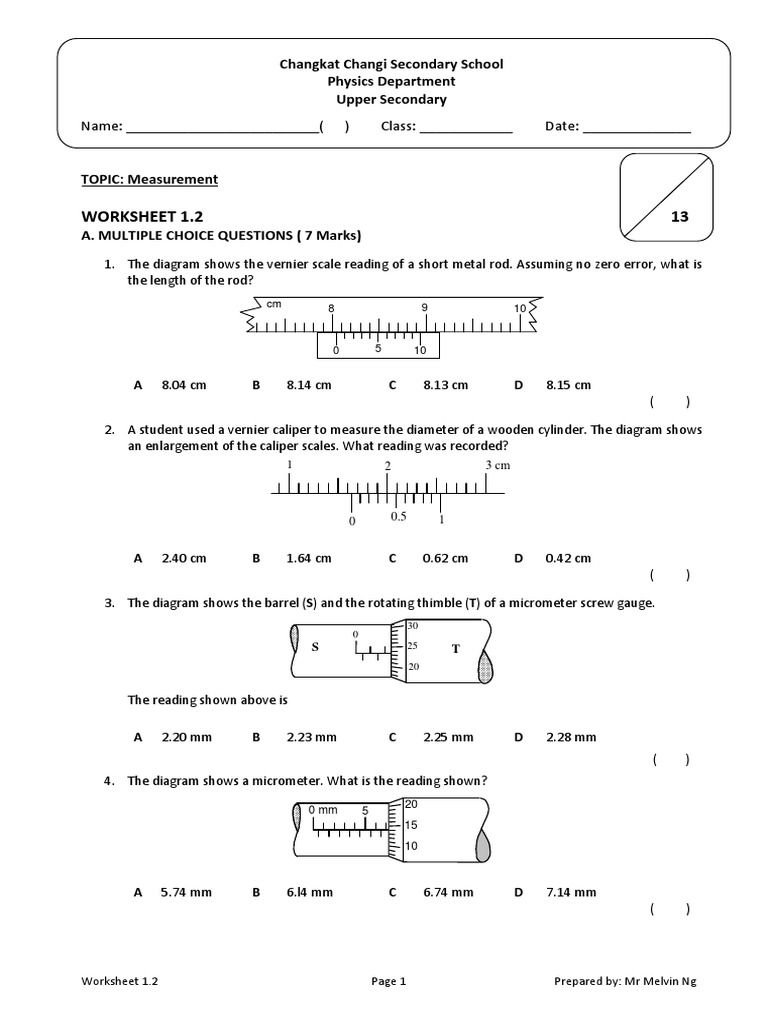 Measurements Worksheet 1.2 | Length | Tools