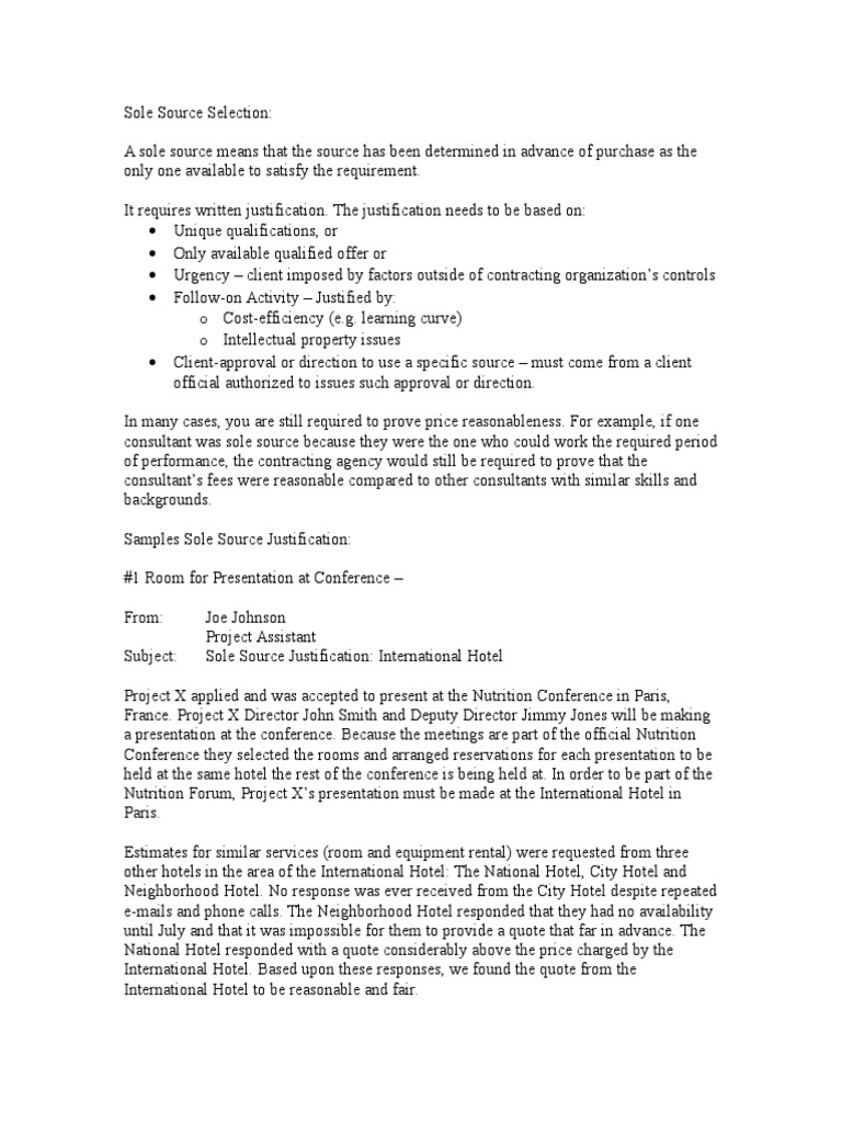 Sole Source Selection With Examples Consultant Theory Of Justification