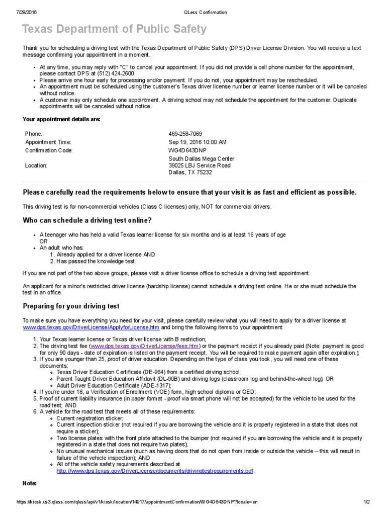 QLess Confirmation PDF Driving Driver's License