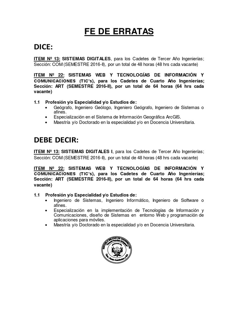 Fe de Erratas Conocatoria Locacion de Servicio | PDF