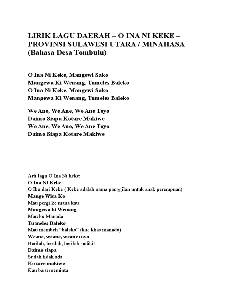 Lirik Lagu Daerah O Ina Ni Keke