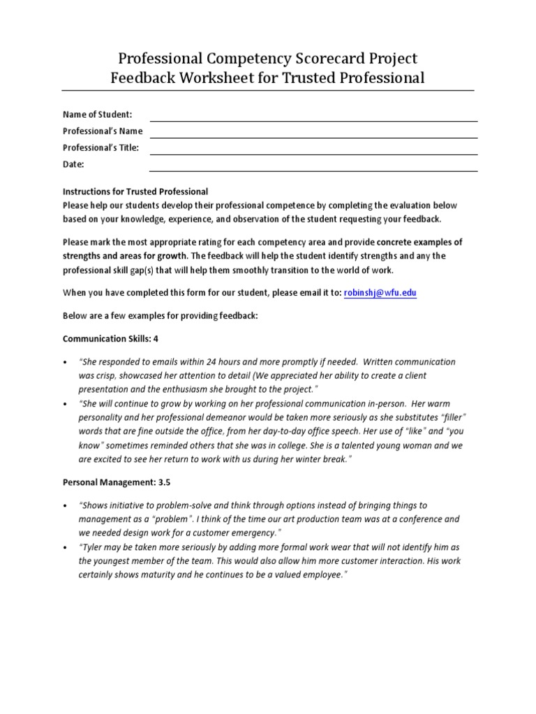 Professional Competency Scorecard Project Feedback Worksheet For
