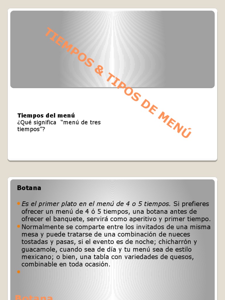 Tipos y Tiempos de Menú en Banquetes | PDF | Queso | Postres