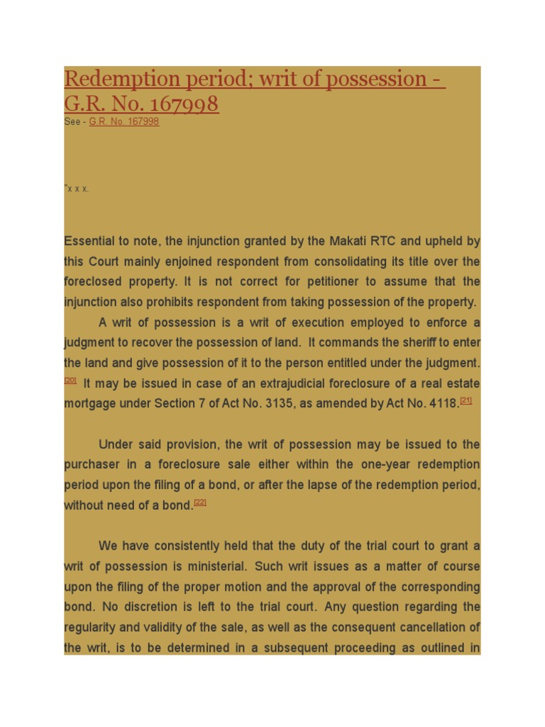 Redemption Period Writ of Possession G.R. No. 167998 Download Free