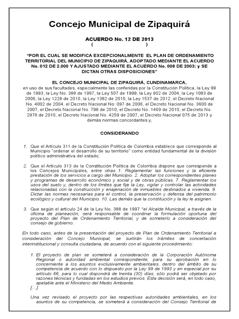 Acuerdo 12 De 13 Plan De Ordenamientoterritorial P O T Turismo Area Rural