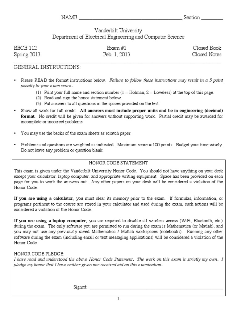 EECE 112 Exam Instructions & Problems | PDF | Test (Assessment) | Resistor