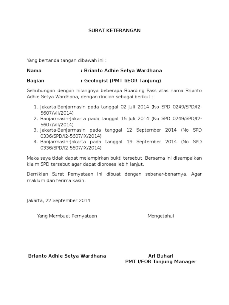 Contoh Surat Pernyataan Kehilangan Mosaicone