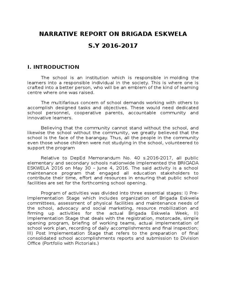 Narrative Report On Brigada Eskwela Final Public Sphere Schools