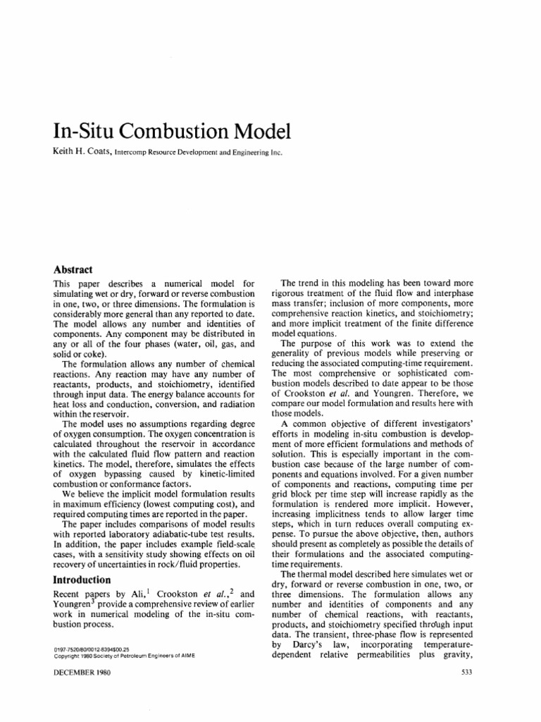 In Situ Combustion Model PDF Combustion Chemical
