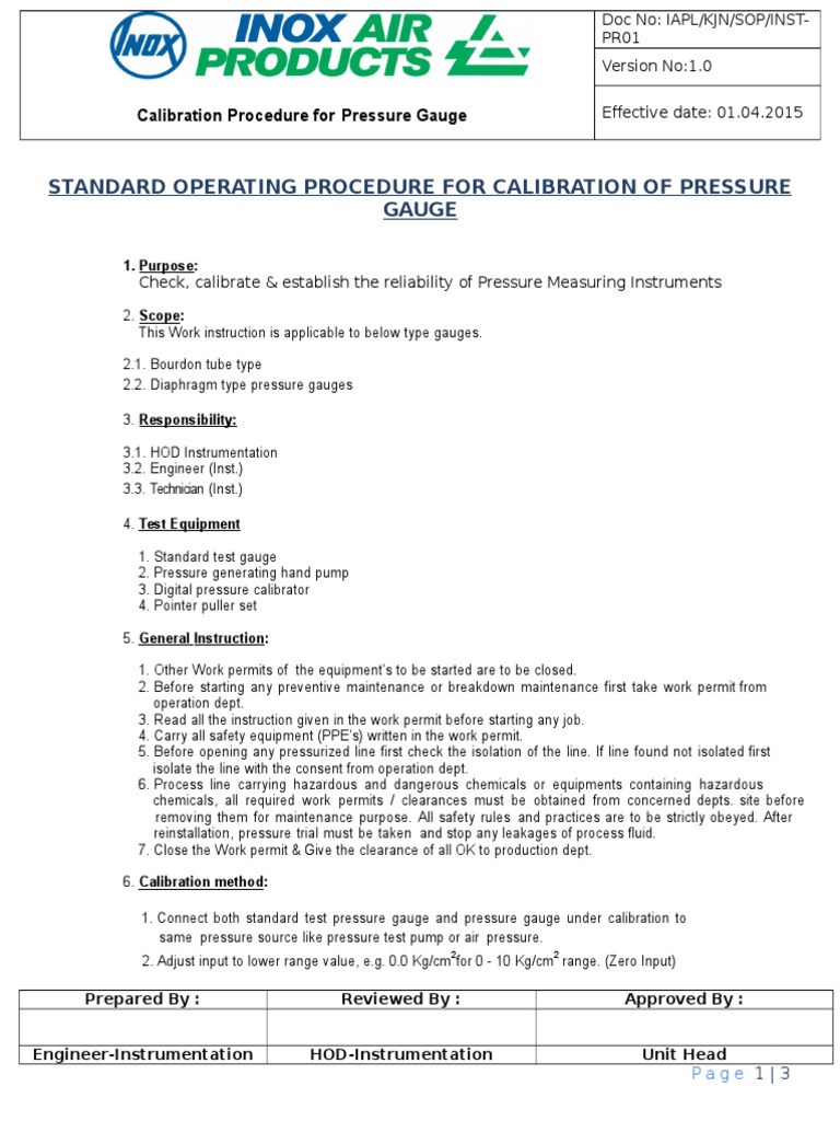 01 Pressure Gauge calibration.docx Calibration Pressure Measurement