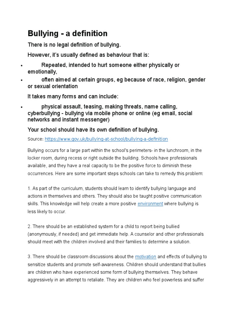 Bullying Definition and Prevention | PDF | Bullying | Inclusion (Education)
