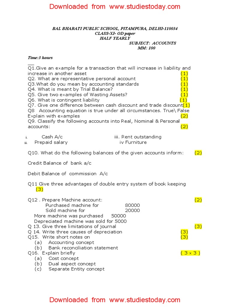CBSE Class 11 Accountancy Sample Paper SA1 2015 Debits And Credits