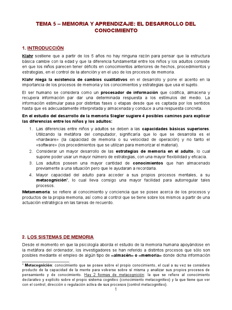 Teorías de la memoria y el aprendizaje: sistemas de memoria | PDF ...