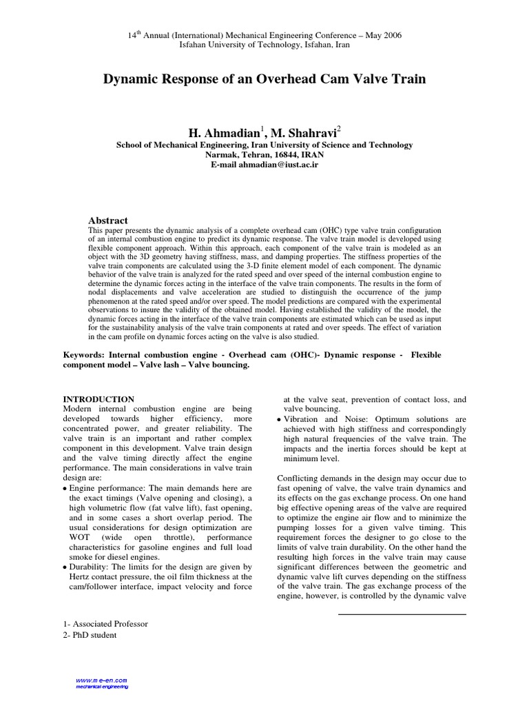 Dynamic Response of An Overhead Cam Valve Train PDF Internal