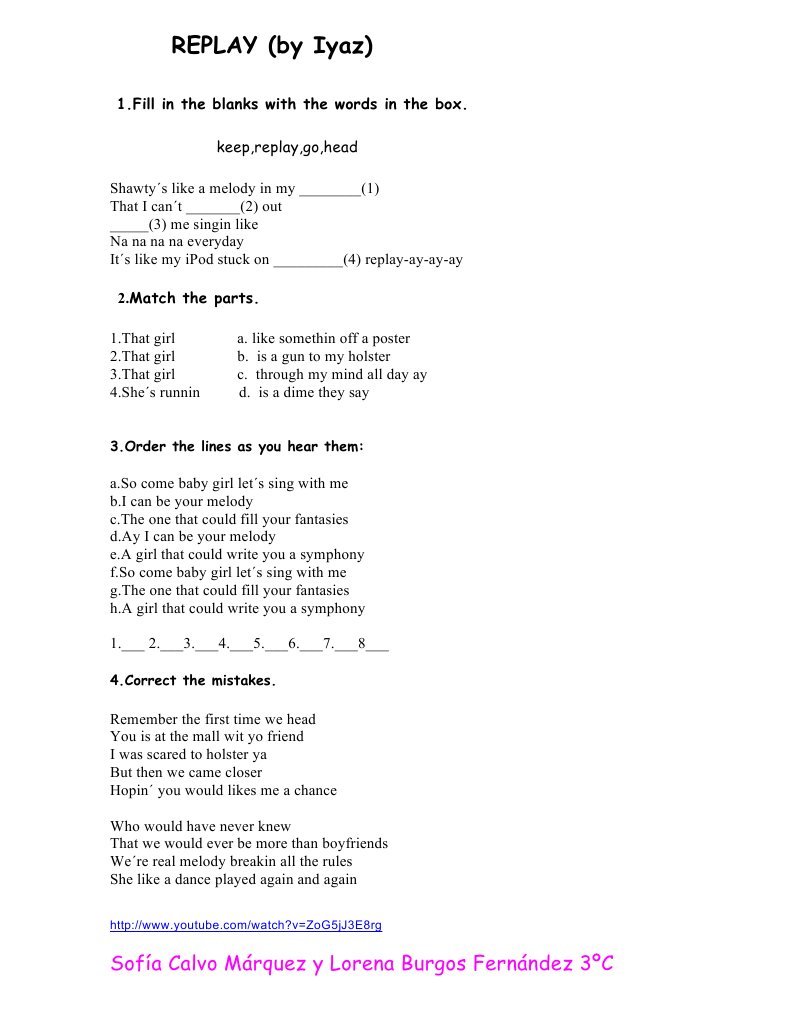 Iyaz Replay Lyrics Exercise | PDF | Language Arts & Discipline | Art