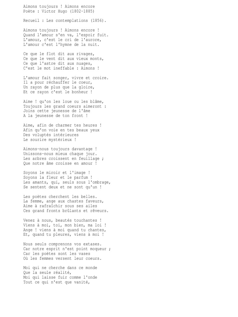 Poème Victor Hugo Aimons Toujours Aimons Encore Pdf