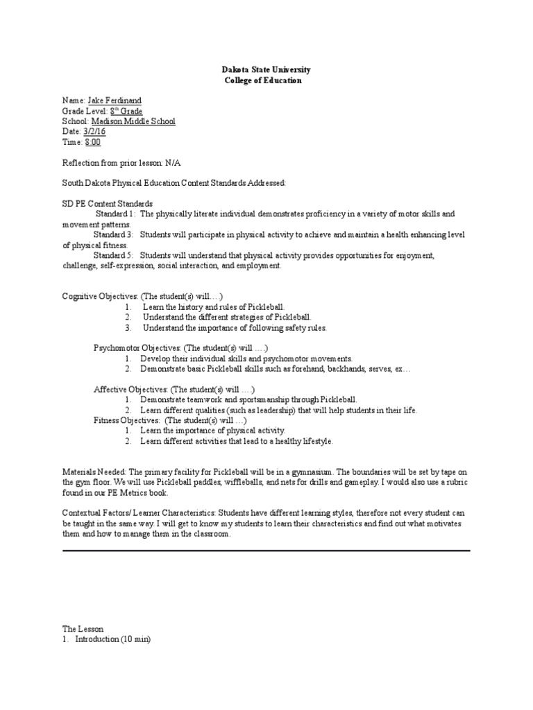 pickleball lesson plan Differentiated Instruction Physical Education