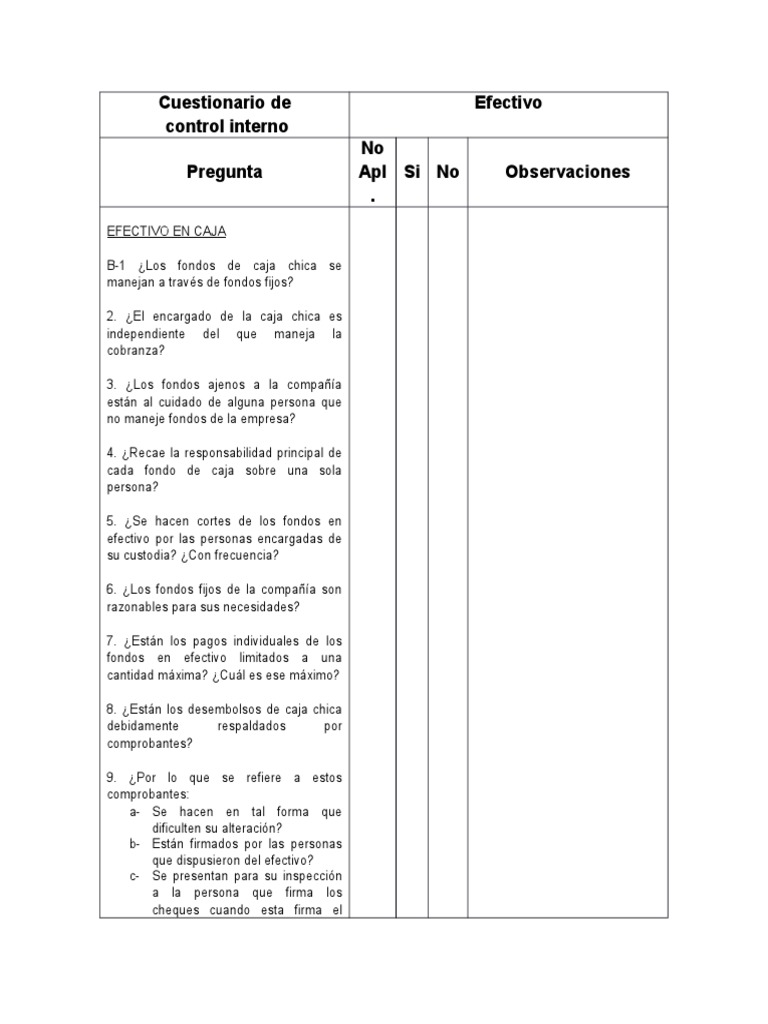 Cuestionario de Control Interno de Efectivo | PDF | Cheque | Bancos