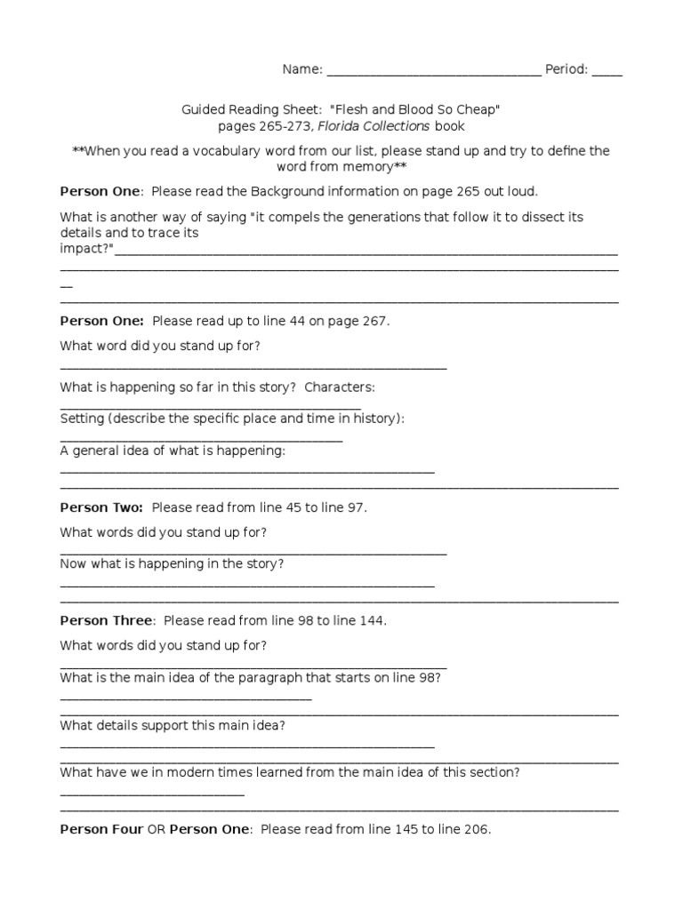 Guided Reading Sheet Flesh and Blood So Cheap PDF